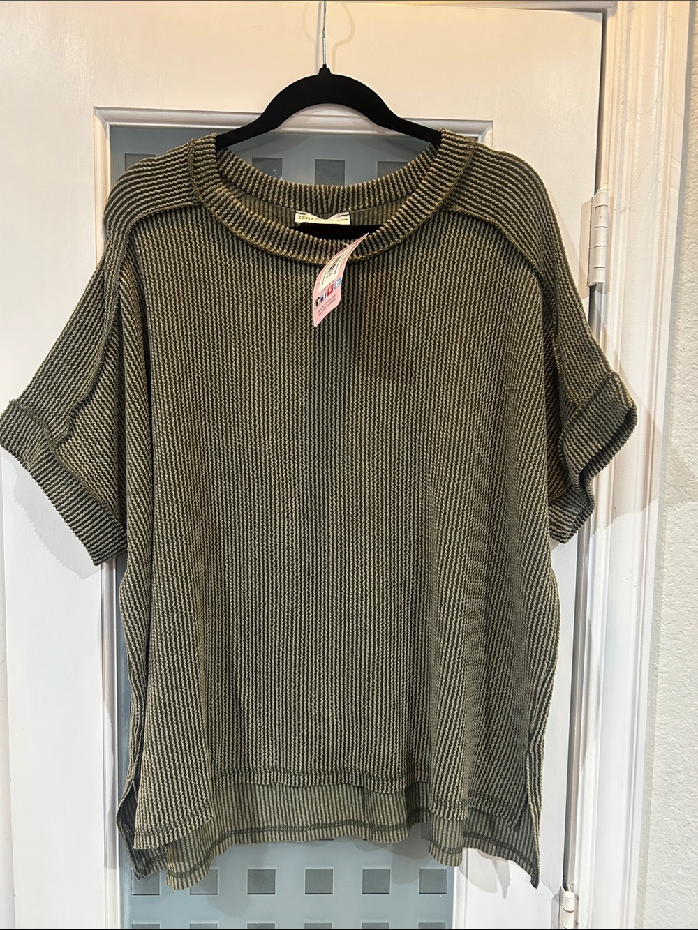 Zenana Relaxed Ribbed Short Sleeve Sweatshirt in Olive